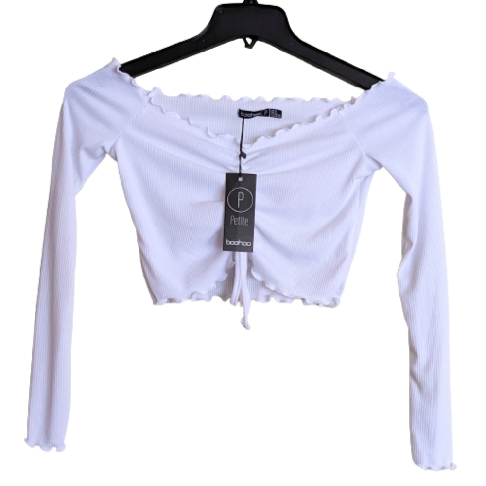Boohoo Top White Off The Shoulders Cropped Ruched Front Rib Knit Lettuce…